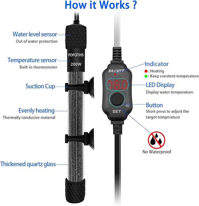 YOFOTHS Adjustable Mini Aquarium Heater 20-40 Gallons Submersible Small Fish Tank Heater 200W Digital Display Thermostat External Temperature Controller (200W)