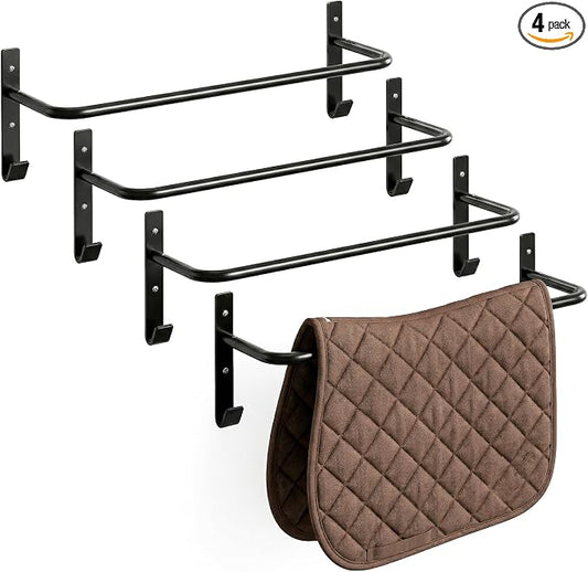 4Pcs Horse lanket Rack with Bridle Hooks, 34 Inch Steel Wall Mounted Removable Horse Blanket Bar, Can be installed on stall doors, Saddle Pad Rack for Hanging Blankets Pads, Saddle Blankets, Black