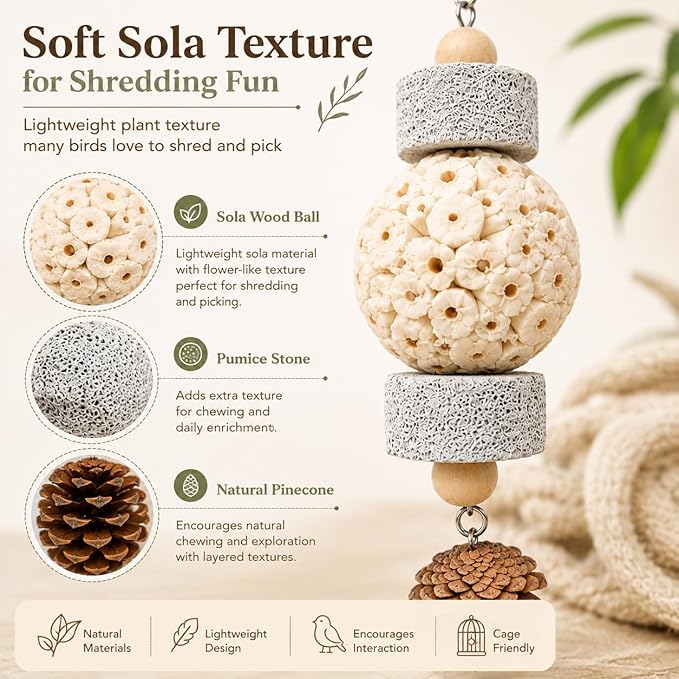 2-Pack Natural Bird Toy Set for Small to Medium Birds, Rattan Ball & Sola Hanging Toys with Pumice Stone, Enrichment Cage Accessories for Cockatiels, Budgies, Conures, Lovebirds