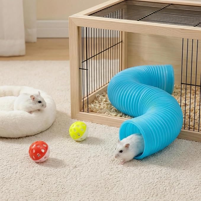 Hamster Collapsible Tunnel Tube Toys with 4 Bell Balls, Expandable Small Animal Hideout Exercise Toy 7.8inch Unextended 32.7inch Extended for Guinea Pig Gerbil Rat Ferret (Blue)