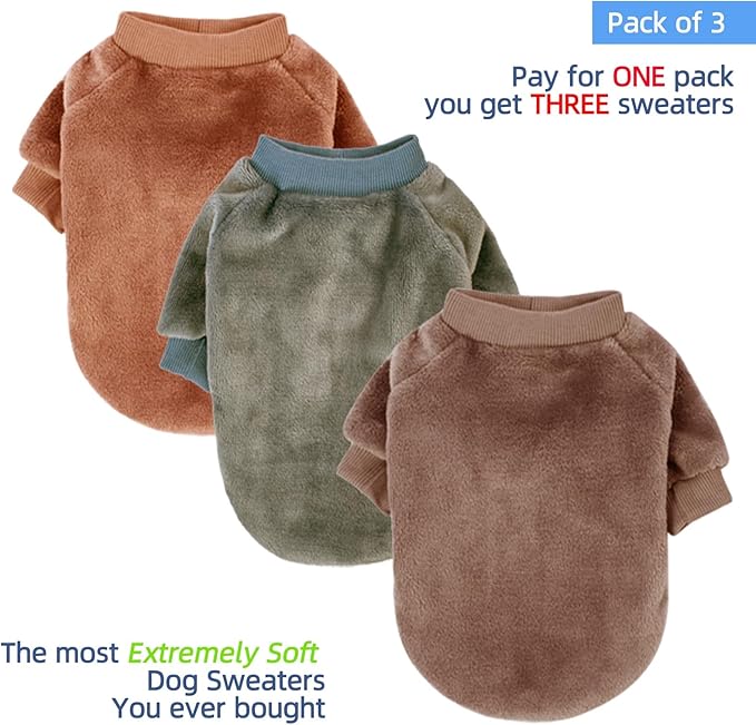 FabriCastle Dog Sweater, 3-Pack Dog & Cat Clothes, Ultra Soft and Warm Pet Jackets XXS XS for Small Dogs Boy & Cats, Winter Pet Apparel Costumes, Puppy Outfits (Camel,Khaki,Olive, X-Small)