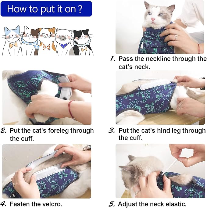 kzrfojy Cat Surgery Recovery Suit Onesie for Cats After Surgery for Surgical Abdominal Wound Or Skin Diseases E-Collar Alternative Wear Neutering Bodysuit Wear (Dark-Blue-M)