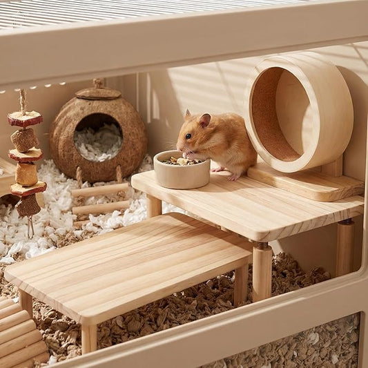 Hamster Platform Set, 2-Piece Wooden Modular Playground & Hide, Cage Accessories for Dwarf Syrian Hamsters, Gerbils, Mice, Degus (Rectangle+Rectangle)