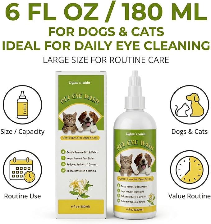 Dylan's cabin Dog Eye Cleaner Wash - Daily Tear Stain Care Eye Drops Clean Dirt Debris Tear Residue, pH-Balanced Formula with Glycerin, Honeysuckle Extract Lutein, 6 fl oz