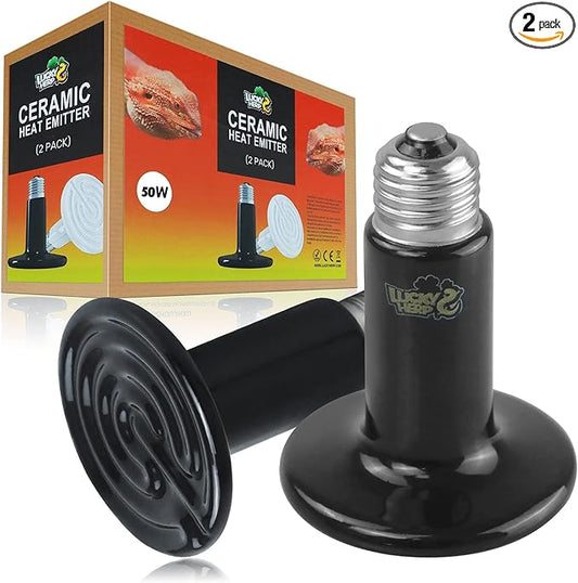 LUCKY HERP 50W Ceramic Heat Emitter, Reptile Heat Bulbs, Ceramic Heat Lamp for Reptiles, Amphibian, Chicken, Dog, Cat (2-Pack)