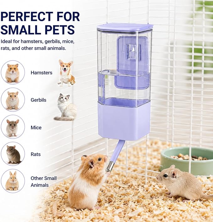No-Drip Small Animal Water Bottle, 47OZ Large Capacity Leakproof Hanging Pet Water Dispenser for Cage Crate, Water Feeder for Guinea Pig, Hamster, Rabbit, Ferret, Chinchilla (Purple)