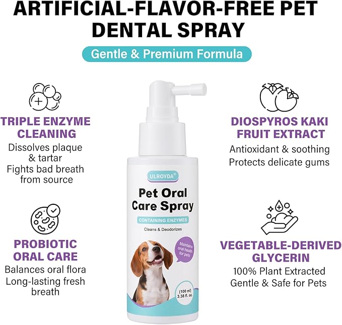 Pet Dental Spray for Dogs & Cats - Fragrance-Free Triple Enzyme & Probiotics Oral Care Mist, Dog Teeth Cleaning, Bad Breath & Tartar Plaque Support, Dental Water Additive for Pet Supplies, 3.38 oz