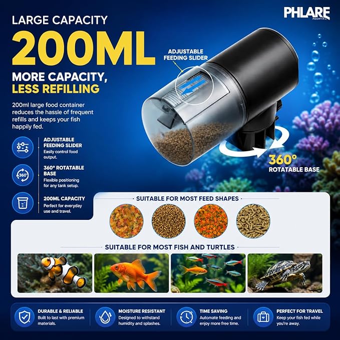 Automatic Fish Feeder for Aquariums - Rechargeable Auto Timer Feeder for Vacation | Fits Flakes & Pellets | 200ml Capacity