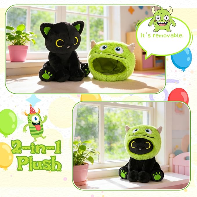 Cat Plush - 8" Black Cat with Removable Green Monster Costume, Soft Stuffed Animal Toy for Kids, Girls, Boys & Adults, Huggable Cute Plushies for Birthday Gift, Room Decor