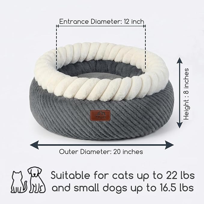 Hollypet Cat Bed for Indoor Cats Kitty Beds, Round Washable Fluffy Small Dog Bed, Soft Cozy Plush Pet Beds for Puppy and Kitten with Non-Slip Bottom (20" Diameter, Grey)
