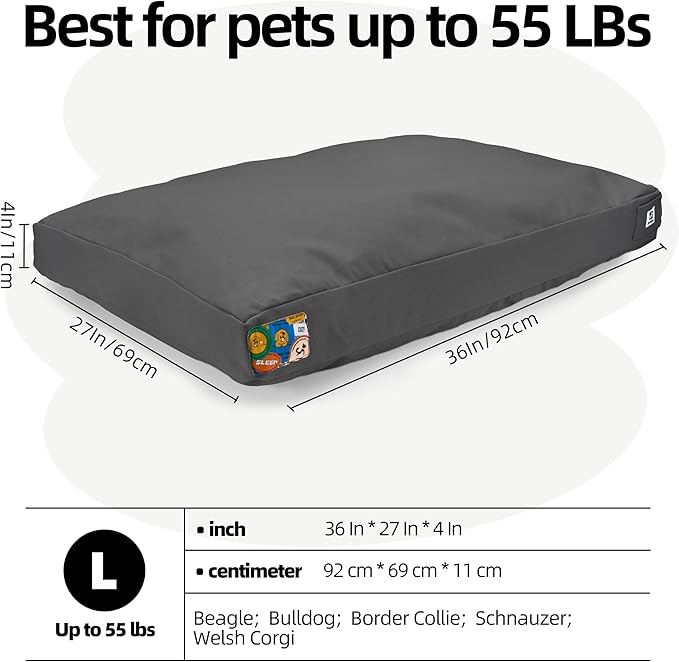 Sytopia 36 Inch Canvas Outdoor Dog Bed for Large Dogs, Chew Proof Dog Bed with Waterproof Machine Washable Removable Cover, Durable Indoor Patio Pet Pad for Crate, Dark Grey
