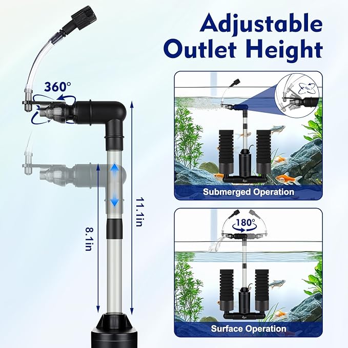AQQA Electric Sponge Filter for Aquarium – Quiet USB Powered Breeding & Shrimp Filter with Bio Ceramic Media, Adjustable Air Intake & 360° Rotatable Outflow (110V Adapter Included) (S)