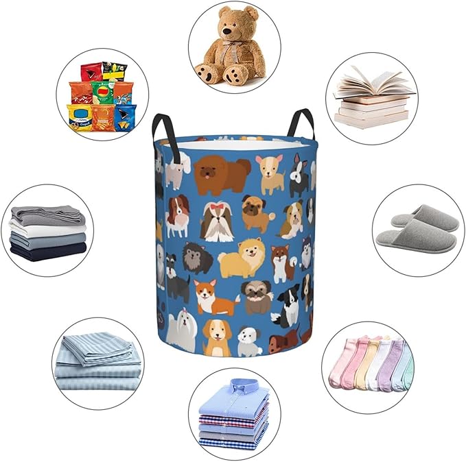 Cute Dogs Blue Round Laundry Hamper Storage Basket Toys Clothes Organizer Bin For Home Bathroom Bedroom Dorm Nursery, 62l