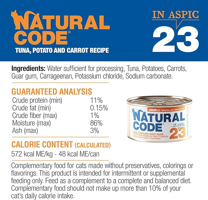 Natural Code - 24 Pack Wet Cat Food, Limited Ingredient Cat Food, High-Protein, Non-GMO, No Artificial Additives, Made in Italy, Tuna, Potato & Carrot in Aspic for Adult Cats, 3 oz