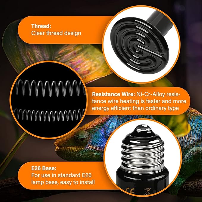 HealSmart Reptile Heat Lamp 100W Ceramic Heat Emitter, No Light Emitting Heat Bulbs for Amphibian Pet Brooder Coop Incubating Chicken, Lizard Bearded Dragon Turtle Snake Terrarium Black