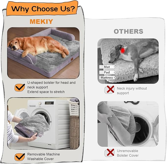 MEKIY Orthopedic Waterproof Dog Bed with Bolster for Extra Large Size Dogs | Pillow Support for Neck Relief, Egg Crate Foam, Waterproof Liner, Anti-Slip Bottom, Removable Bolster Cover, 48 x 33 Inch