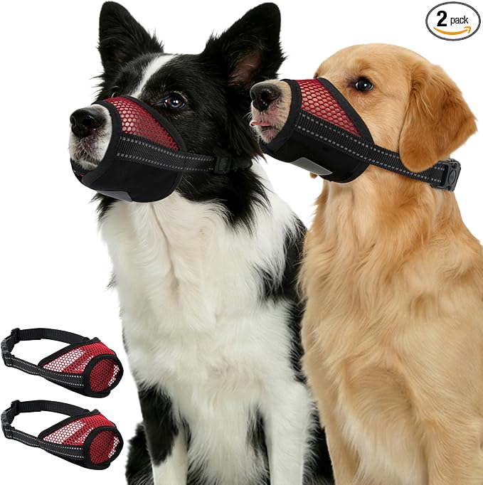 Pezluxe 2-Pack Dog Muzzle, Soft Air Mesh Muzzle Anti Biting Barking Chewing, Secure & Breathable Drinkable Pets Muzzles with Adjustable Strap, for Small Medium Large Dogs (Red-XL)
