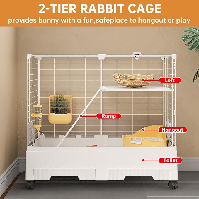Oneluck Rabbit Cage Indoor,Loft Bunny Hutch with Urine-Proof wall,Leak-Proof Trays, Wheels 28.7" L x 18.1" W x 25.6" H for Rabbits Chinchillas, Guinea Pig and Small Animal (Small, Opaque)