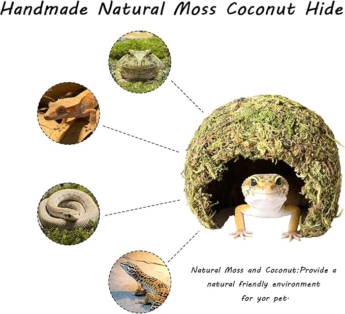 Snake Hide & Reptile Cave - Bearded Dragon Accessories & Leopard Gecko Tank Accessories - Coconut Moss Terrarium Decor & Reptile Supplies for Amphibian Habitats