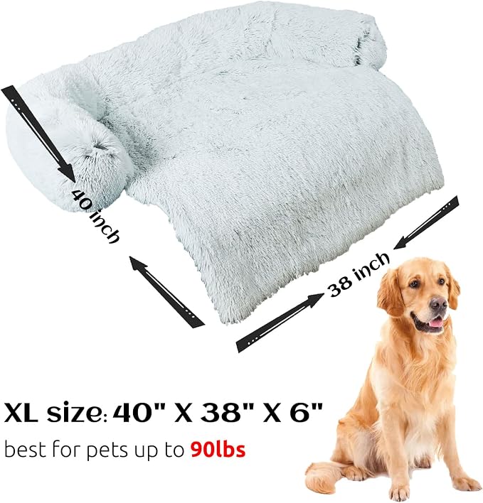 HACHIKITTY Calming Pet Sofa Bed Mat, Washable Fluffy Couch Cover for Dogs and Cats, Anti-Slip Bottom (40"x 38"x 6", Gray)