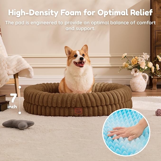 ChiXnuggle Dog Bed Large Sized Dog - Luxury Striped Faux Fur Waterproof Pet Couch with Removable Washable Cover, Orthopedic Pet Bed with Bolster Sides for Sleeping, Brown