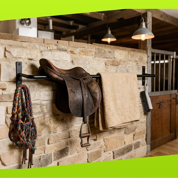 2Pcs Heavy Duty Horse Blanket Rack with Bridle Hooks, Wall Mounted Assembled Blanket Bar, Saddle Pad Rack for Horse Tack Storage, Black