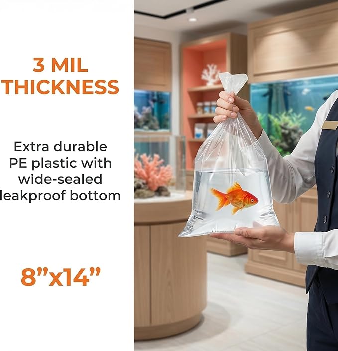 Jucoan 100 Pack 8" x 14" Clear Plastic Fish Bags, 3 Mil Extra Thick Leak-Proof Live Fish Shipping Bags Aquarium Transport Bag for Shrimps and Betta Fish