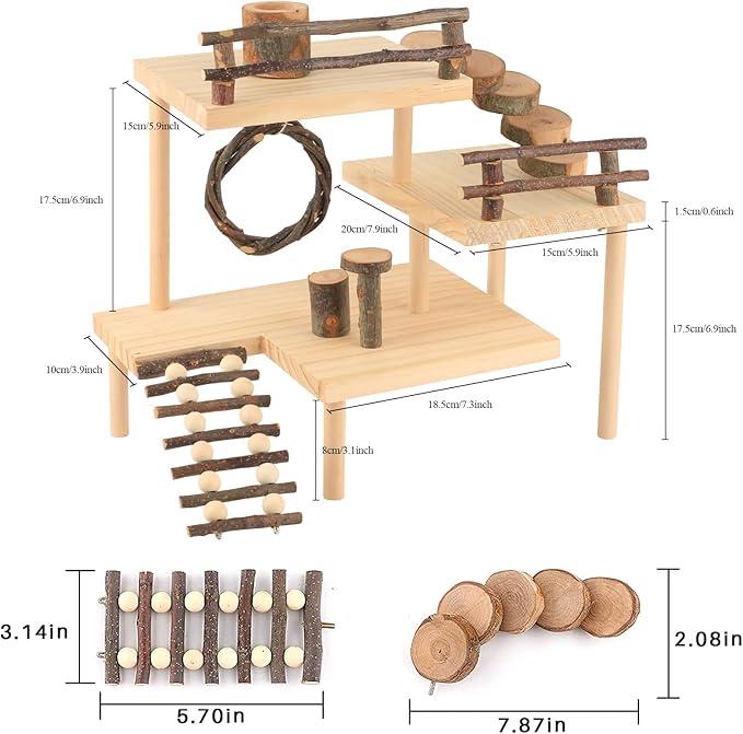 Hamster Climbing Toys 3-Tier Extra Large Hamster Playground Natural Wooden Small Animal Platform Toys Hamster Exercise Activity Climbing Platform with Bridge for Gift