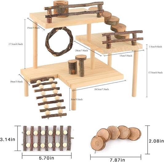 Hamster Climbing Toys 3-Tier Extra Large Hamster Playground Natural Wooden Small Animal Platform Toys Hamster Exercise Activity Climbing Platform with Bridge for Gift