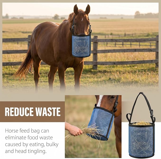 3 Pack Horse Feed Bag for Grain, Blue PVC Mesh Feed Bags for Horses with Adjustable Strap, Durable Feeder for Camping or Stable Use