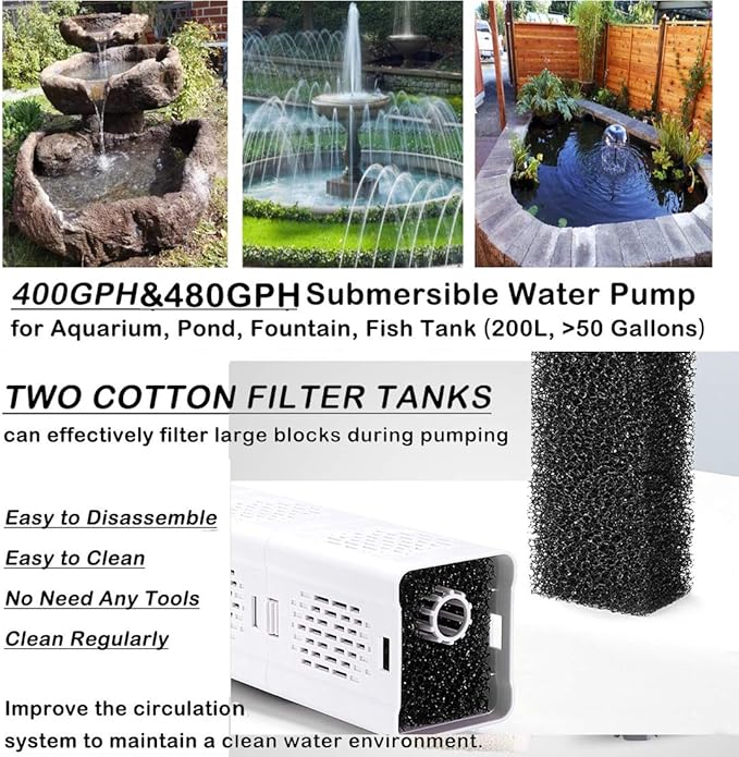Ultra Quiet Fish Tank Filter 4-in-1 Internal Aquarium Filter ,500-1800L/H Submersible Water Filter Pump Multifunctional Filter Water Pump for Betta, Turtle, Pond fish, Garden. (15W 267GPH (1000L/h))