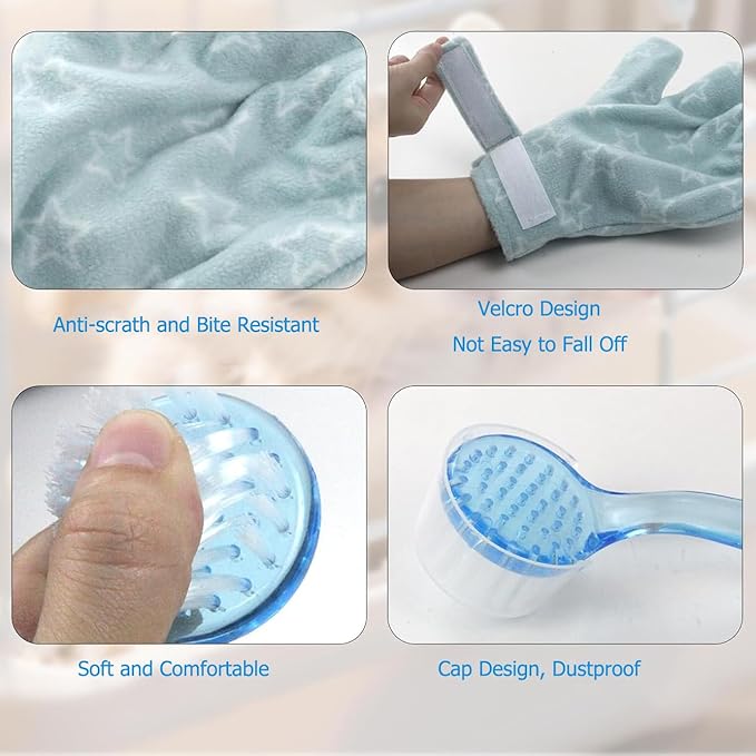 1Pcs Bite-resistant Gloves Adjustable Hamster Bite Proof Glove and Grooming Brush Set Soft Cleansing Brush Massage Combs, Guinea Pig Brush, Hamster Care Set for Hamsters, Ferrets, Hedgehog (Sky blue)