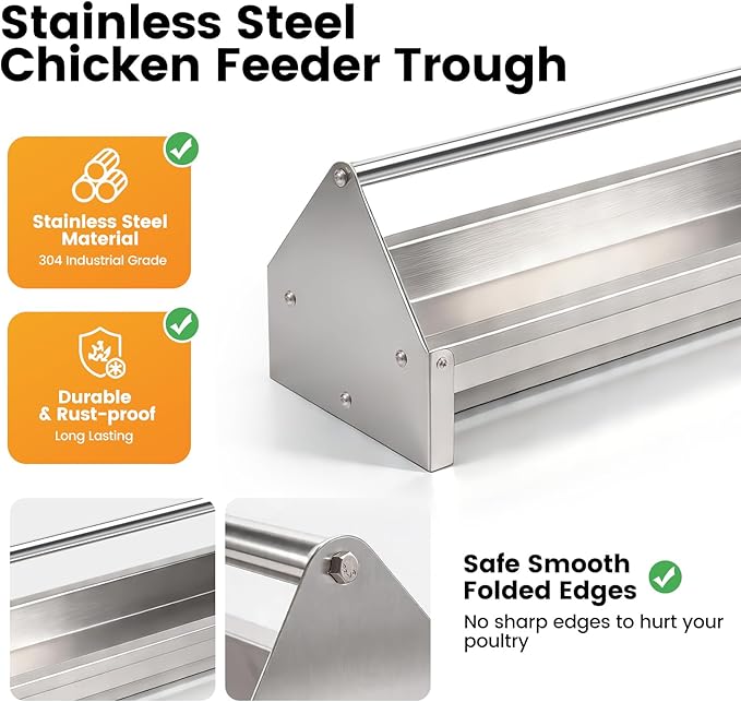 Chicken Feeding Trough 45" Large Capacity Stainless Steel Chicken Feeder Trough with Drainage Holes & Crossbar Poultry Feeder Trough for Chicken,Duck,Geese,Turkey Coop Accessories Supplies