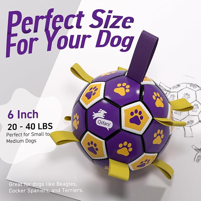 QDAN Dog Ropes Toys, Soccer Ball with Straps, Dogs Water Toy, Durable Dog Balls for Small Medium Breed（6 Inch）