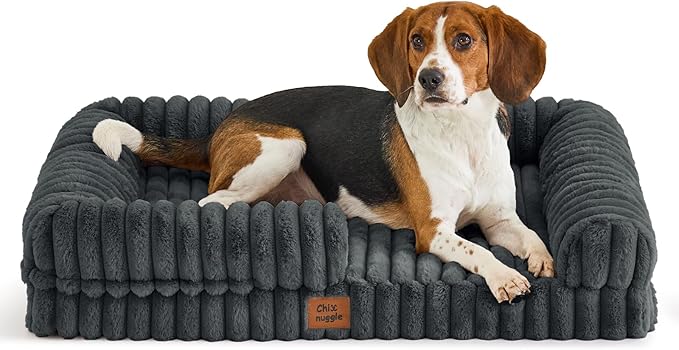 ChiXnuggle Orthopedic Dog Bed with Bolster Sides for Sleeping, Fluffy Plush Rectangular Dog Bed Large Sized Dog, Luxury Striped Faux Fur Waterproof Dog Couch with Removable Washable Cover, Dark Grey