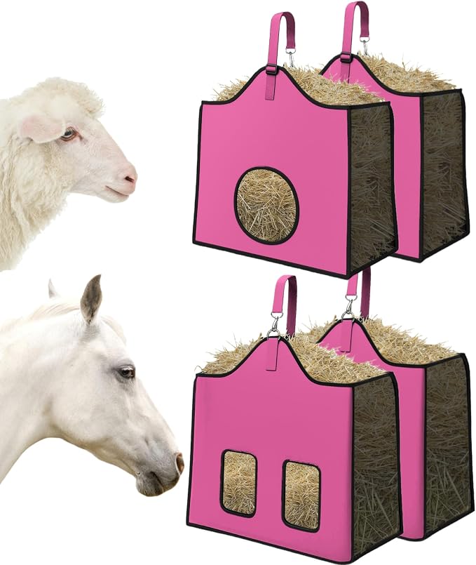 Hay Feeder for Goats and Horses - Slow Feed Design, Heavy Duty Hanging Hay Bag for Barn, Trailer & Paddock, Easy to Hang & Clean(2pcs, Pink)