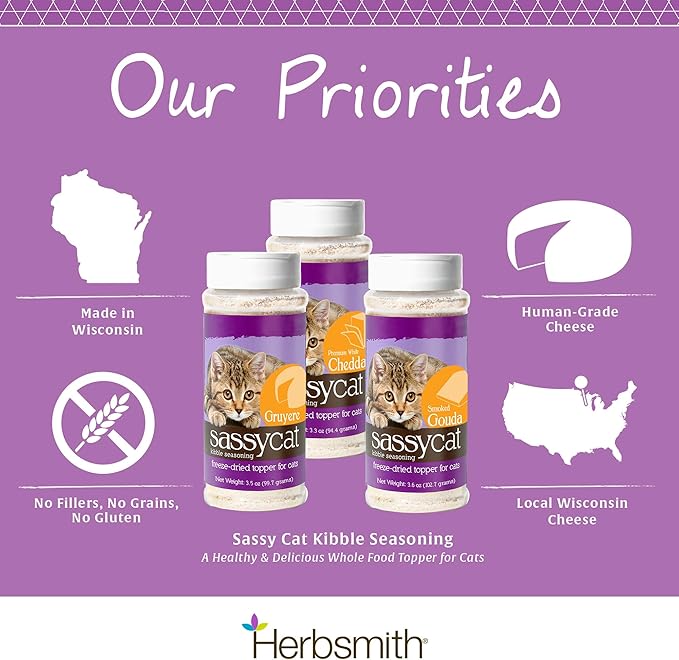 Herbsmith Sassy Cat Kibble Seasoning – Freeze Dried Smoked Gouda – Gourmet Food Topper for Picky Eaters – 100% Human-Grade Cheese for Cats - 3.6 oz