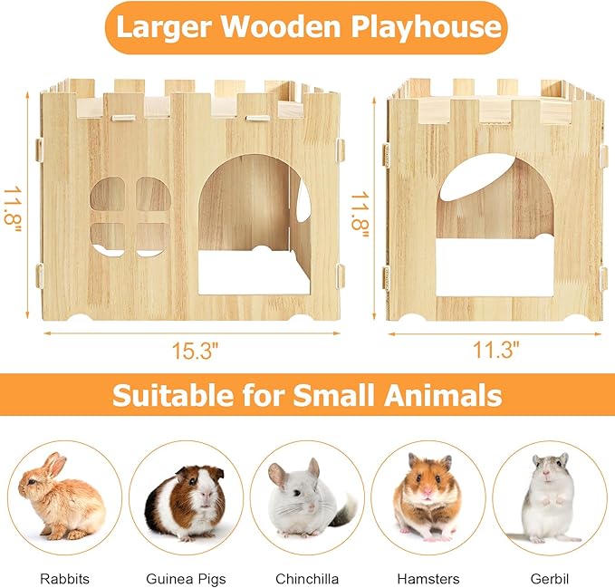 WUWEOT Large Wooden Rabbit House, 15.3''x11.3''x11.8'' Wood Bunny Hideout Castle, Small Animal Play Hideaway Hut and Playhouse for Indoor Adult Bunnies Guinea Pig Hamster Chinchilla Gerbil
