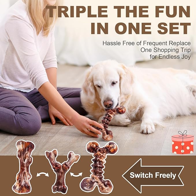 Kseroo Indestructible Dog Chew Toys for Aggressive Chewers: 3-Pack Bacon Flavored Rock-Hard Solid Nylon Dog Bones for Medium & Large Dogs(25-90lbs), Heavy Duty Tough Dog Toys to Keep Them Busy, Brown