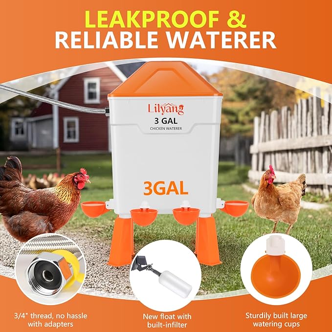 Lilyang Automatic Chicken Waterer & Feeder 3 Gallon, Auto-Refill Chicken Waterer with Float Valve, Anti-Spill Feeder & Leak-Proof Cups, End Daily Refilling & Mess, Standing or Hanging Use