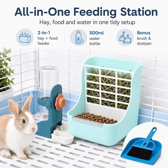 HERCOCCI PET Feeder and Water Bottle Set, Large Blue (500ml), Durable Hay Food Bin Feeder, Food Bowl, Gravity-Fed Water Dispenser for Rabbit, Guinea Pig, Chinchilla