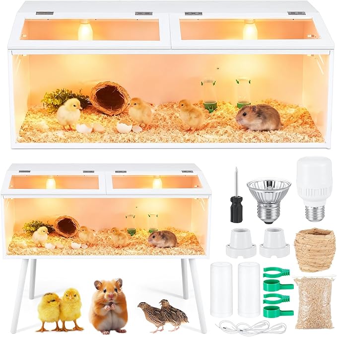 CroBlissful 40 x 16 x 16 in Brooder Box for Chicken Quails Stand Sliding Door, Bulb Set and Feeder, Indoor Chicks Coop Brooder Box Kit, for Ducks, Hamsters, Lizards, Mice, Rat (Table Legs, White)