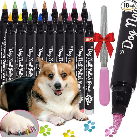 18 Metallic & Matte Colors Dog Nail Polish Pens Quick Dry with Dog Nail File, Non Toxic Glitter Dog Safe Nail Polish, Easy to Apply Pet Safe Accessories for Small and Large Puppies