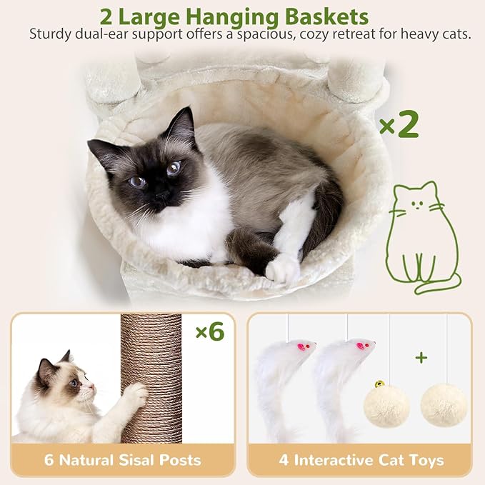 Globlazer 75in Sturdy Cat Tree for Large Cats, Heavy Duty Multi-Level Cat Tower for Indoor Cats with Extended Platform, 2 Spacious Condos, 2 Padded Perches, 6 Sisal Scratching Posts, S75, Beige
