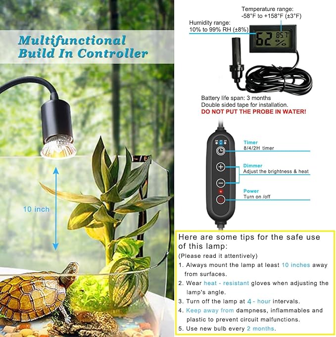 DOMICA Dimmable Reptile Heat Lamp with Timer + 75W UVA UVB Light Bulb, Basking Spot Light Simulated Sunlight, Heating Lamp for Turtle, Lizard, Snake, Beared Dragon, Amphibians