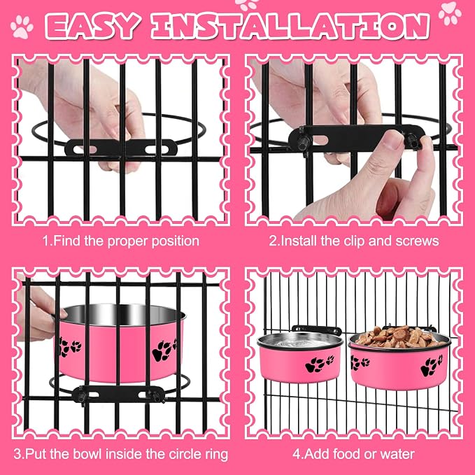 Pink Kennel Bowls Mountable Stainless Steel Crate Bowls No Spill Hanging Kennel Water Bowl with Clamp Holder 2 Sizes 7.08x2.83’’,6.3x2.63’ Hot Pink