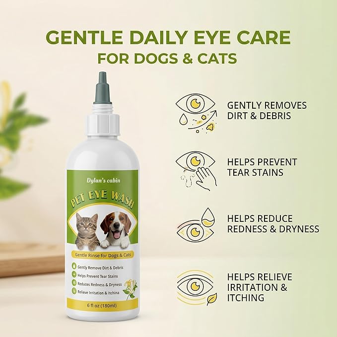Dylan's cabin Dog Eye Cleaner Wash - Daily Tear Stain Care Eye Drops Clean Dirt Debris Tear Residue, pH-Balanced Formula with Glycerin, Honeysuckle Extract Lutein, 6 fl oz