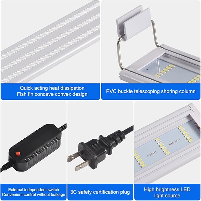 LED Aquarium Light, Full Spectrum Fish Tank Lighting, Ultra-Thin 1cm Design, 6-Row Blue & White LEDs, No Flicker, High Efficiency Cooling for 7.09-10.09in Fish Tanks (7.09inch)