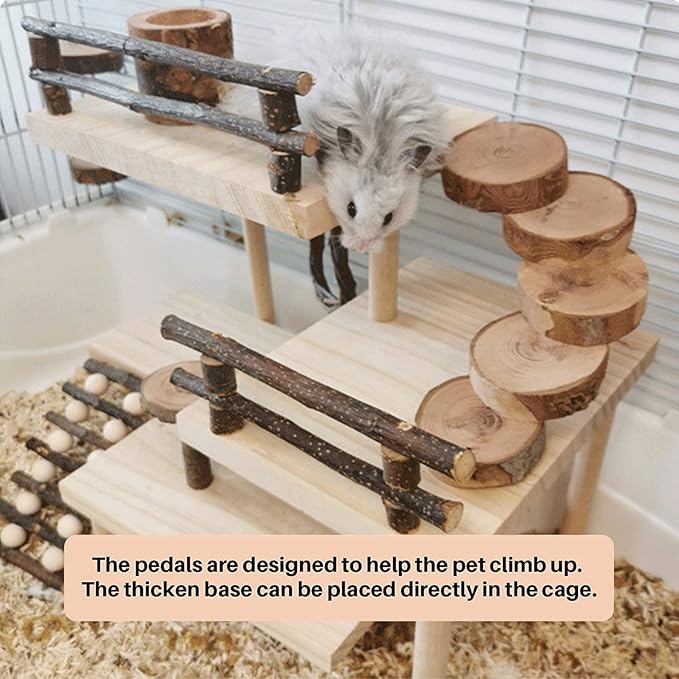 Hamster Climbing Toys 3-Tier Extra Large Hamster Playground Natural Wooden Small Animal Platform Toys Hamster Exercise Activity Climbing Platform with Bridge for Gift