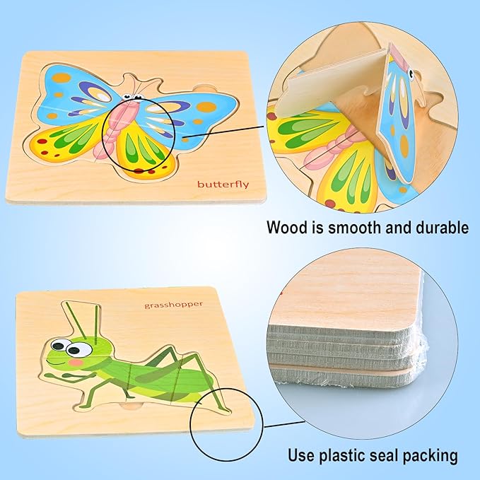 Faburo Wooden Puzzles for Toddlers 1-3, 8pcs Shapes, Insect Animal Themed Montessori Toys for 1 Year Old Learning, Educational Preschool Toys for Boys Girls
